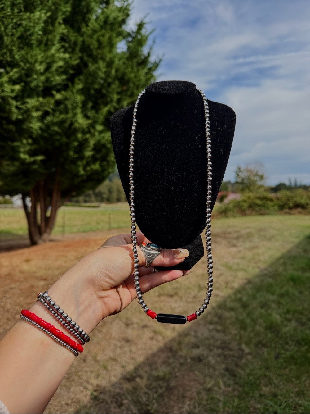 Stainless Steel Pearl Necklace with Black Onyx Bar and Red Coral Accents